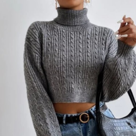 SHEIN Sweaters - Turtleneck Bishop Sleeve Cable Knit Crop Sweater